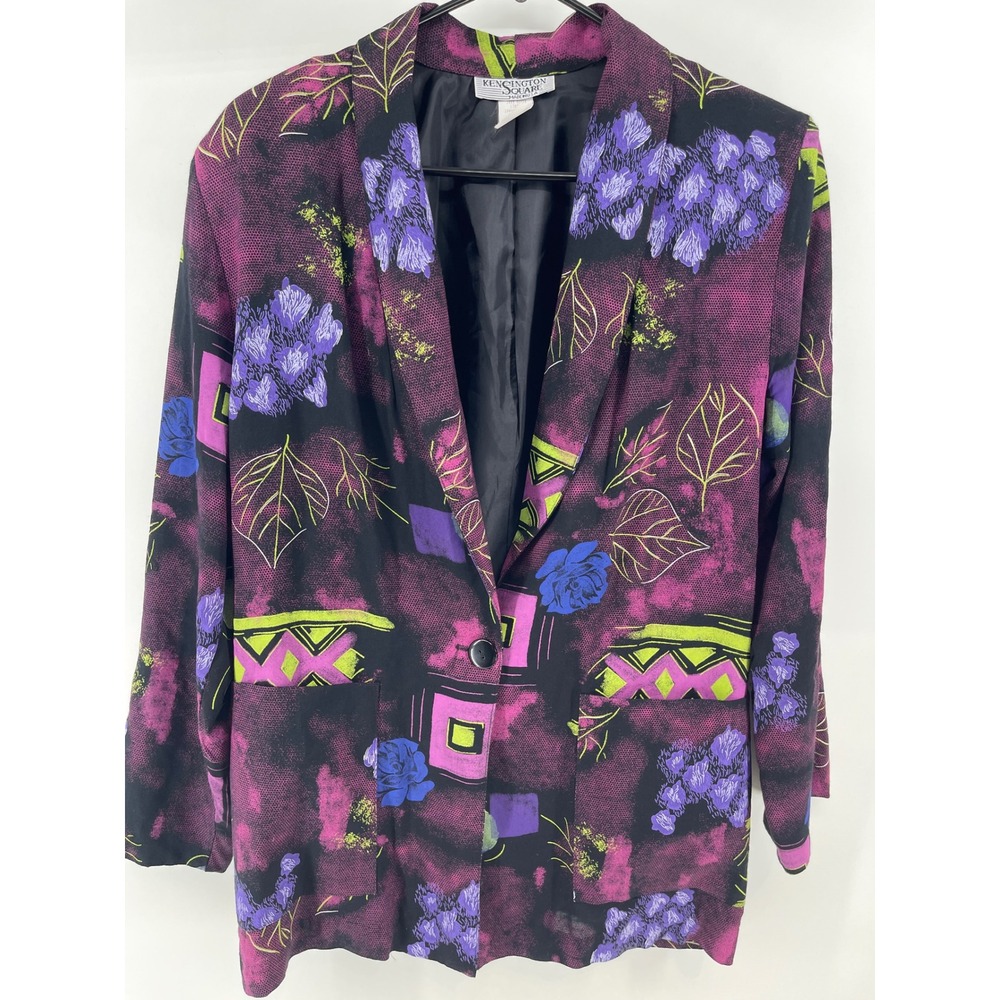 Kensington Square Blazer Women Lg Black Purple Floral 80s VTG Rare Excellent